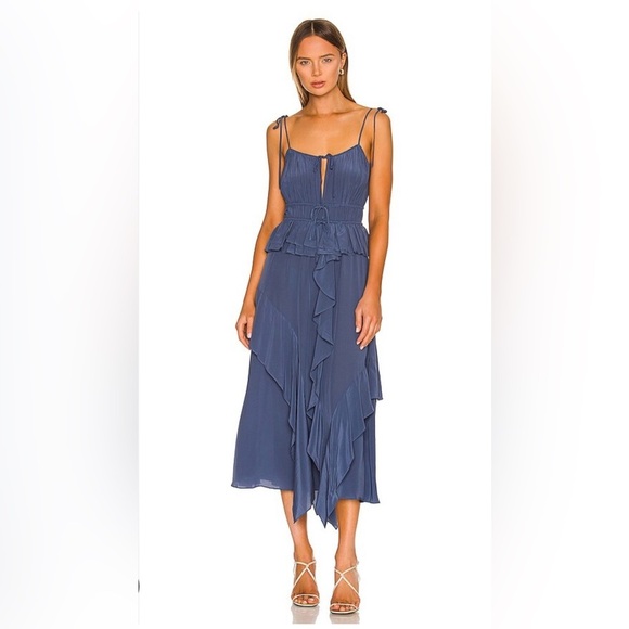 ULLA JOHNSON Livinia ruffled gathered silk midi dress in Indigo Blue 0 NWT 765$ - Picture 7 of 10